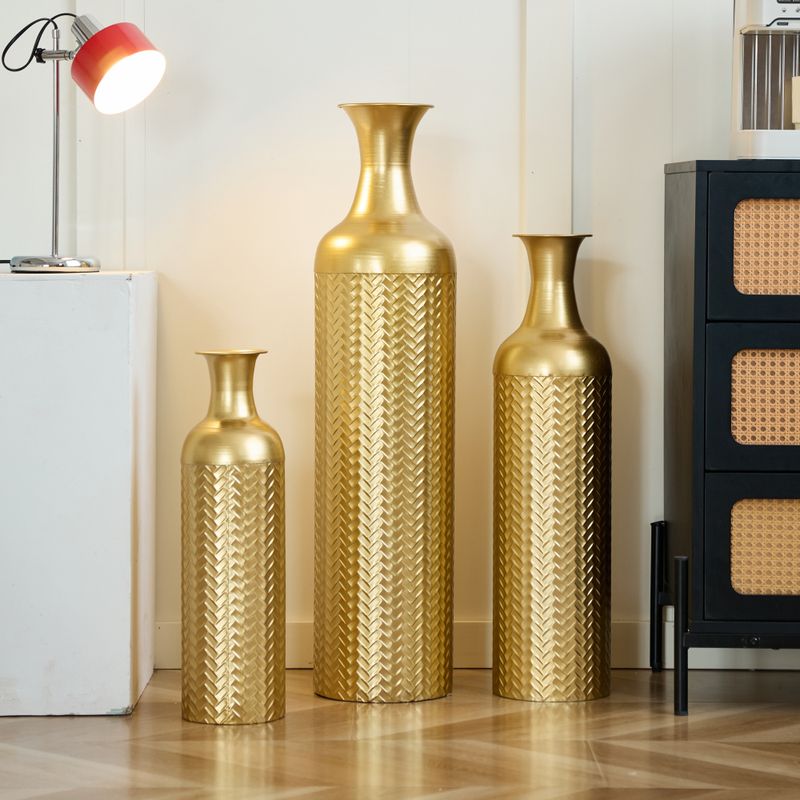 Goldenes Metall-Bodenvasen-Set, 3 Hohe Dekorative Standvasen In 83/65/50 Cm Für Pampasgras, Mit Praktischem Stapelbarem Design_voghion.com