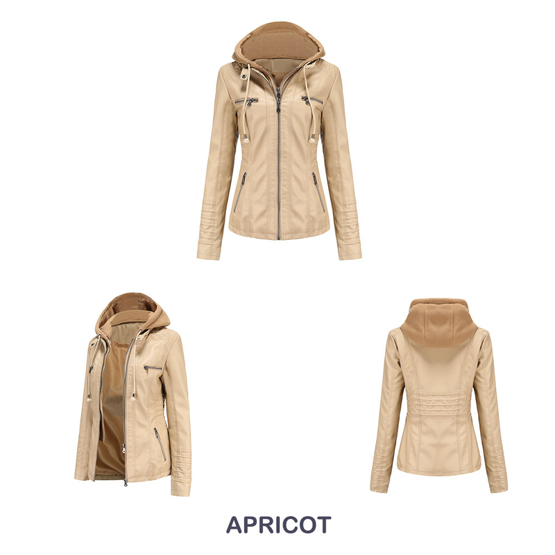Giacca in pelle con cappuccio da donna, set da due pezzi, staccabile, di grandi dimensioni, in pelle PU lavata da donna_voghion.com