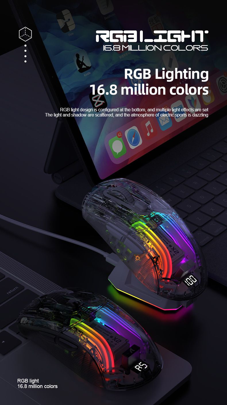 Souris de jeu sans fil Bluetooth lumineuse et transparente à trois modes avec écran Attack Shark X2PRORGB_voghion.com