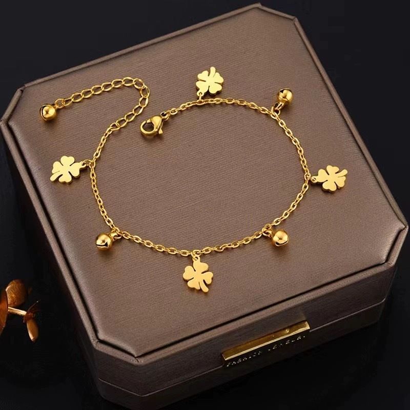 Titanium Steel Bracelet Four-Leaf Clover Bell Anklet For Women, Sound-Activated, Ancient Style, Ins Niche Design,_voghion.com