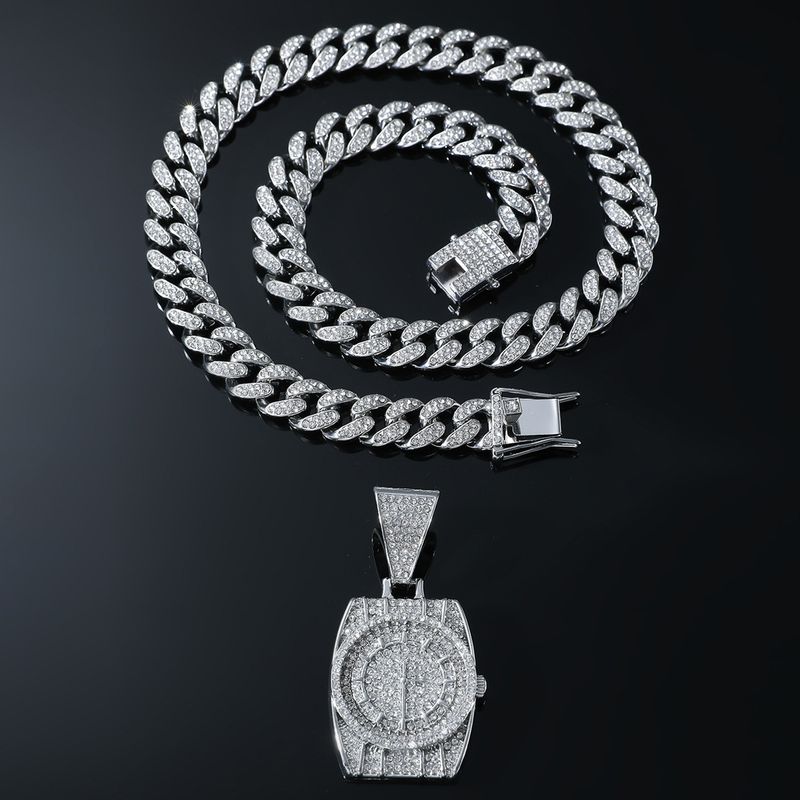 Collana con ciondolo a forma di orologio con diamanti in stile hip hop europeo e americano, alla moda, esagerato, stile punk, catena cubana, catena per clavicola._voghion.com
