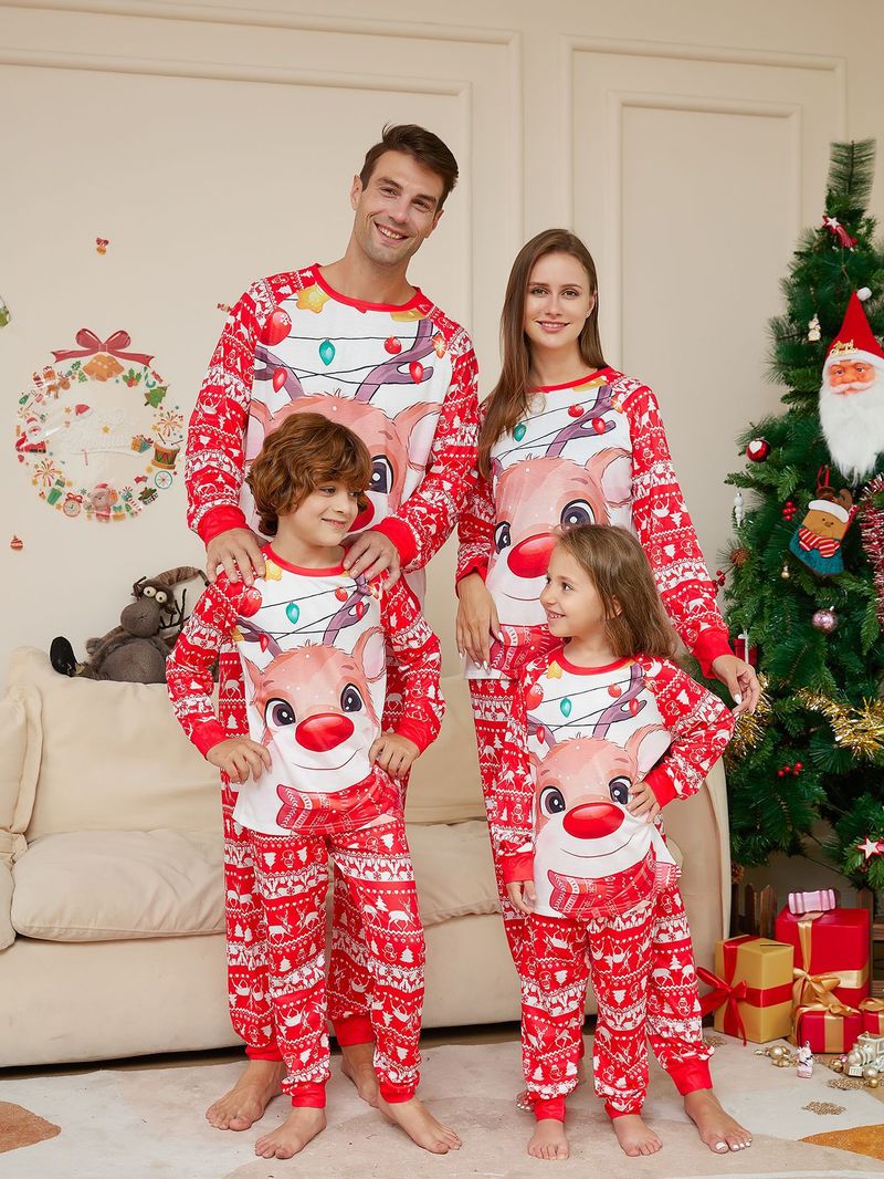 Jul familj hem bär rådjur tryck rund hals långärmad pyjamas set_voghion.com