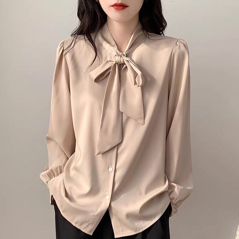 K New Bow Tie Design Women's Shirt; Minority Professional Style Satin Blouse With Sash_voghion.com