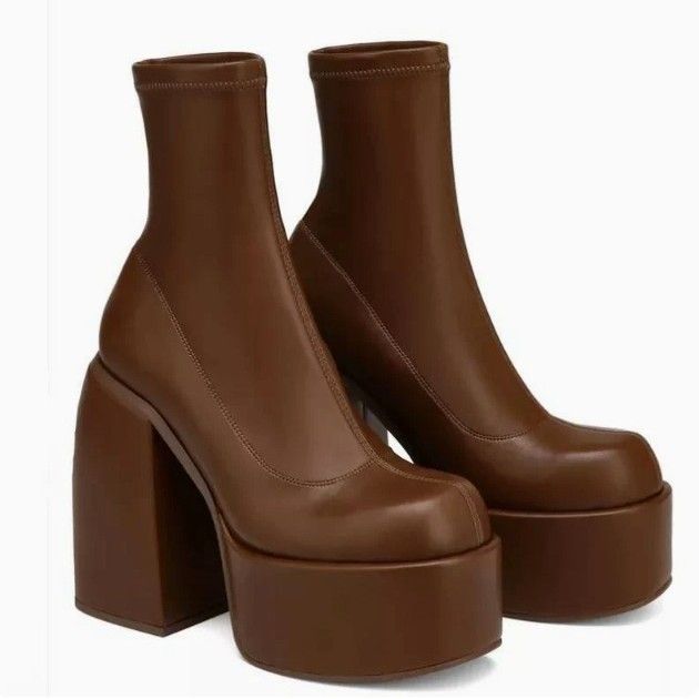 European And American Style Waterproof Platform Chunky High Heel Side Zipper Martin For Women, Large Size, Warm Denim_voghion.com
