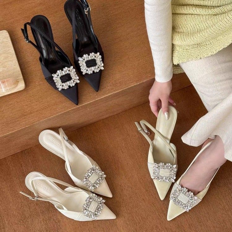 Morning Steps, Elegancia, Tacones altos con hebilla cuadrada y punta en amarillo crema claro con diamantes de imitación, Aire de primavera y verano para mujer_voghion.com