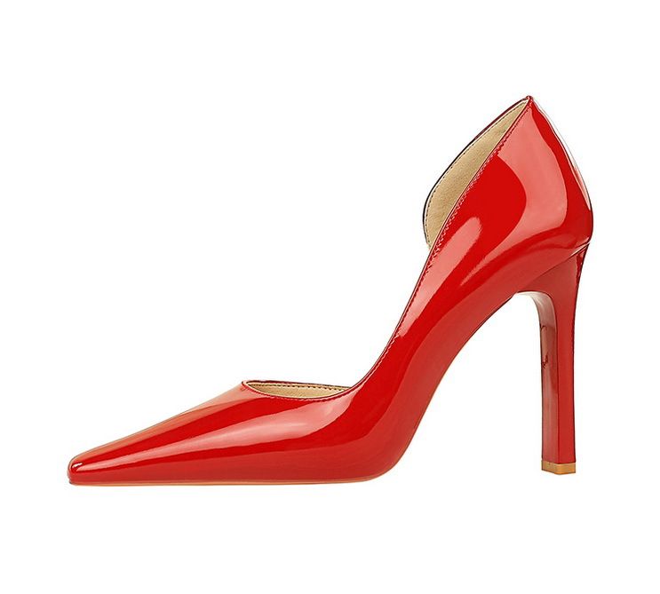Damenschuhe mit dicken Absätzen, superhohen Absätzen, Lackleder und flacher, seitlich ausgehöhlter quadratischer Spitze_voghion.com