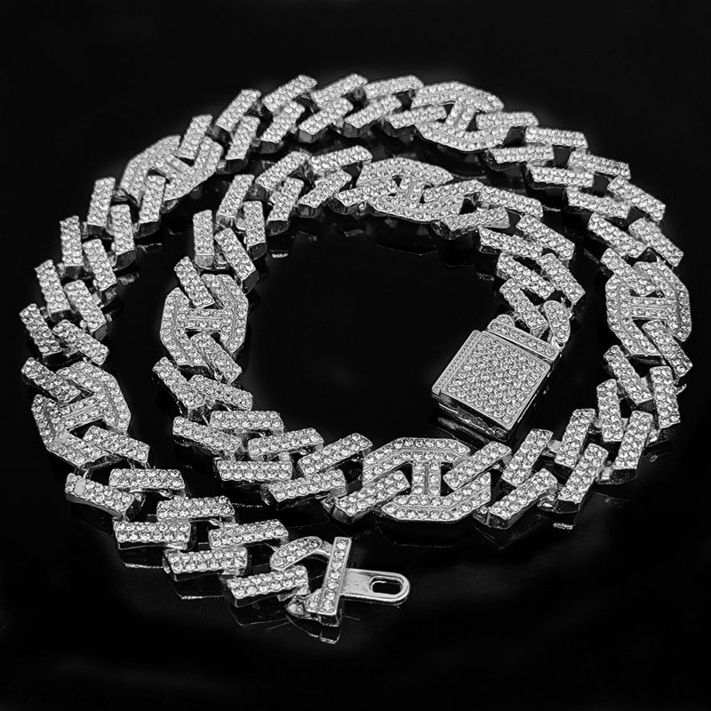 Conjunto de relógio masculino de quartzo hip hop com calendário, mostrador de diamantes, pulseira e colar combinando, caixa quadrada, fecho de aço inoxidável_voghion.com