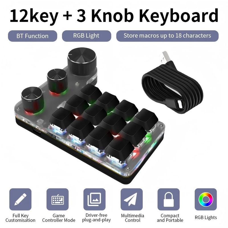 Mini tastiera Bluetooth con programmazione personalizzata, tastiera RGB a 3 manopole, 12 tasti, copia e incolla, tastiera da gioco Photoshop, meccanica, hotswap_voghion.com