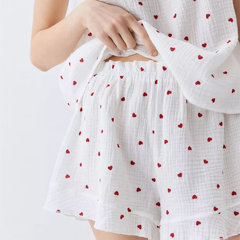 2024 Sommer-Pyjama mit Herz-Print, reine Baumwolle, Damen-Camisole-Shorts, zweiteiliges Mode-Set, Loungewear_voghion.com