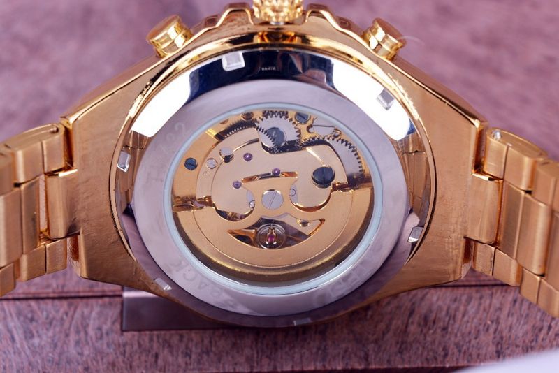 Men's Premium Gold-Toned Skeleton Automatic Mechanical Watch With Stainless Steel Band - 44mm Round Dial, Mineral Glass, Fold-Over Clasp Mechanical_voghion.com