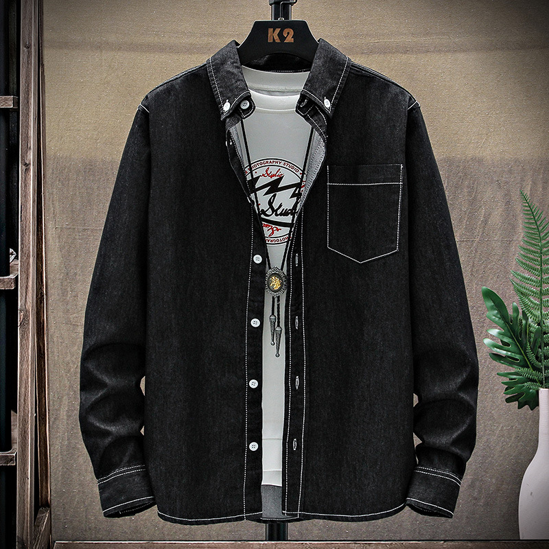 Commerce extérieur Printemps et Automne Chemises en Denim à Manches Longues Simples et décontractées Polyvalentes pour Hommes et Jeunes Col Polo Coton à Pois Couleur Unie Régulier_voghion.com