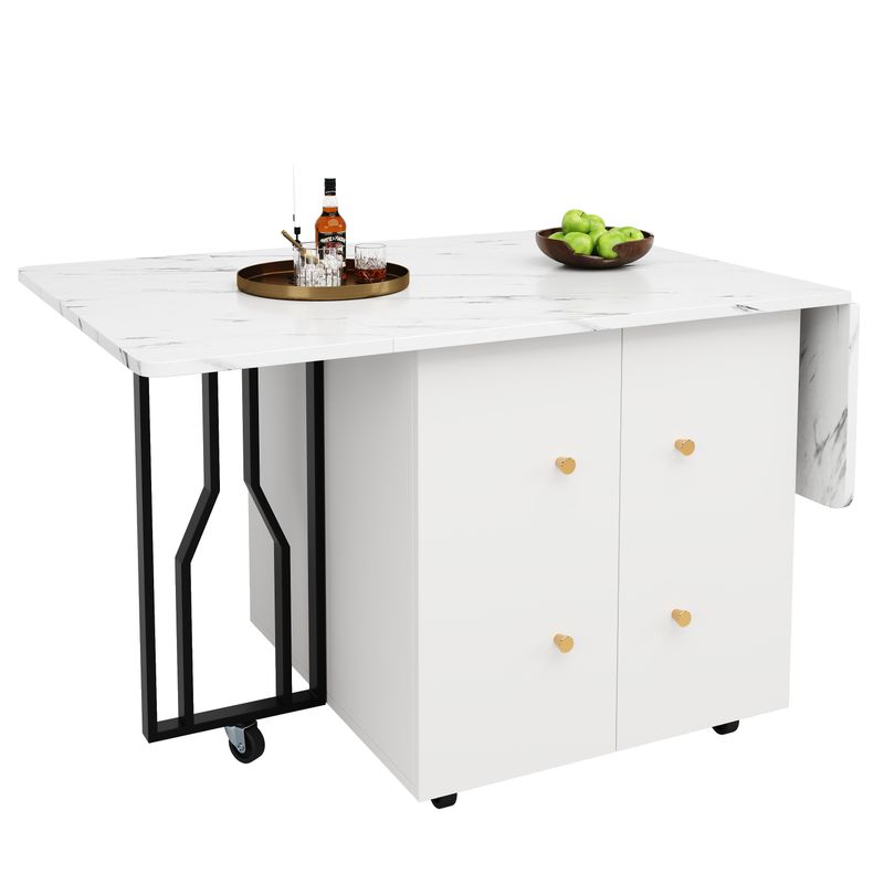 Tragbarer Esstisch Mit Klappbarer Marmorplatte, 6 Rollen, Schwarze Beine_voghion.com