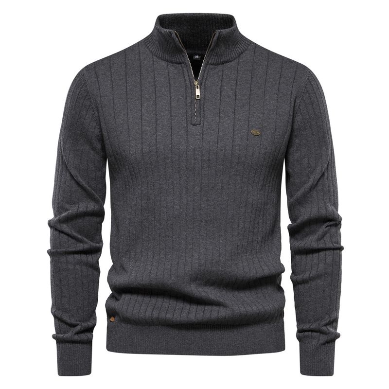 Stand-up Kraang Kotteng Casual Hallefverschluss Einfarweg Pullover héichwäerteg Männer gestrickt Pullover_voghion.com