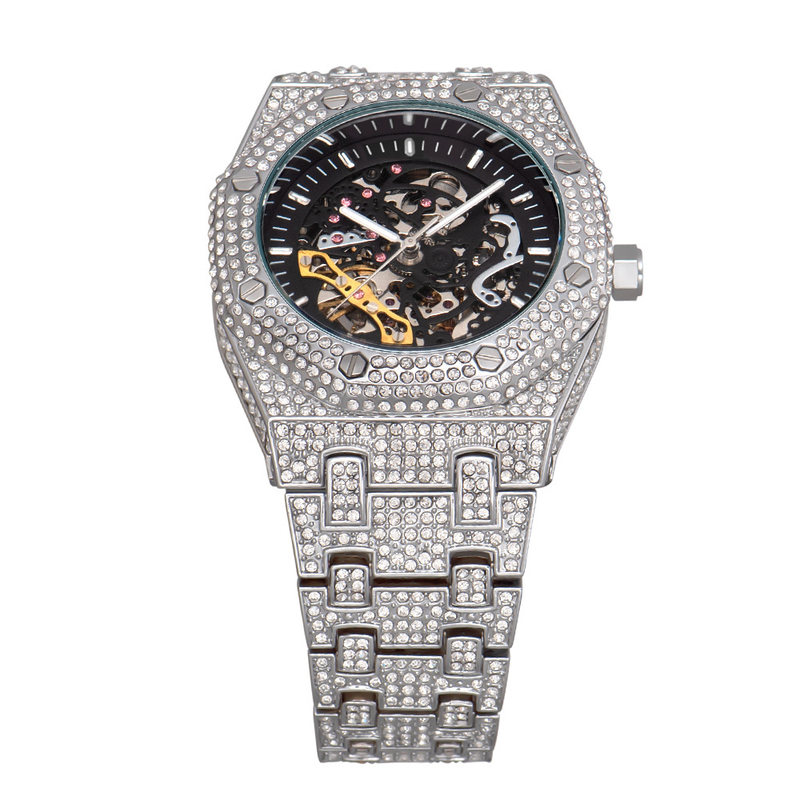 MISSFOX Full Diamond Hollow mechanische wasserdichte Herrenuhr aus leuchtendem Edelstahl_voghion.com