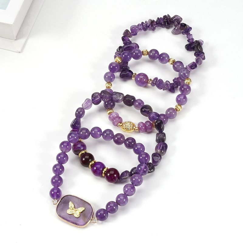 Braccialetto in pietra naturale con perline rotonde in cristallo viola da 8 cm, con etichetta a farfalla, set di personalità semplice_voghion.com
