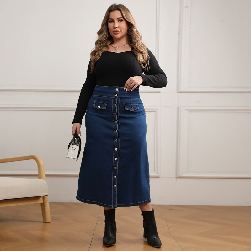 Plus Size High Waist Denim Skirt With Button Front – Fake Pocket Detail, Stretch Comfort (1XL-5XL, Bluish) – Casual_voghion.com