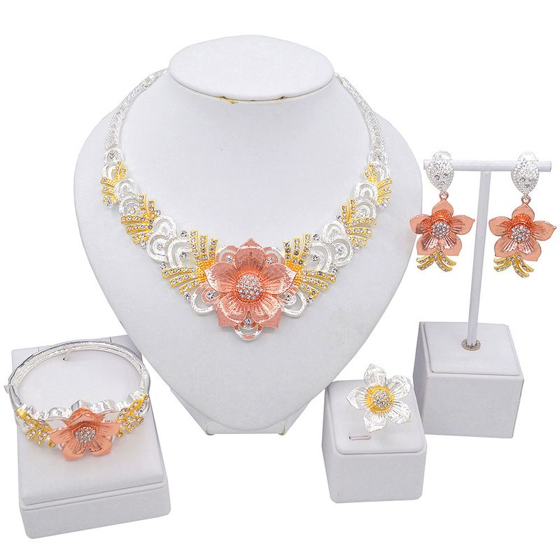 Dubai Diamond Real Gold Plated Necklace Earrings Bracelet Ring Alloy Jewelry Set_voghion.com