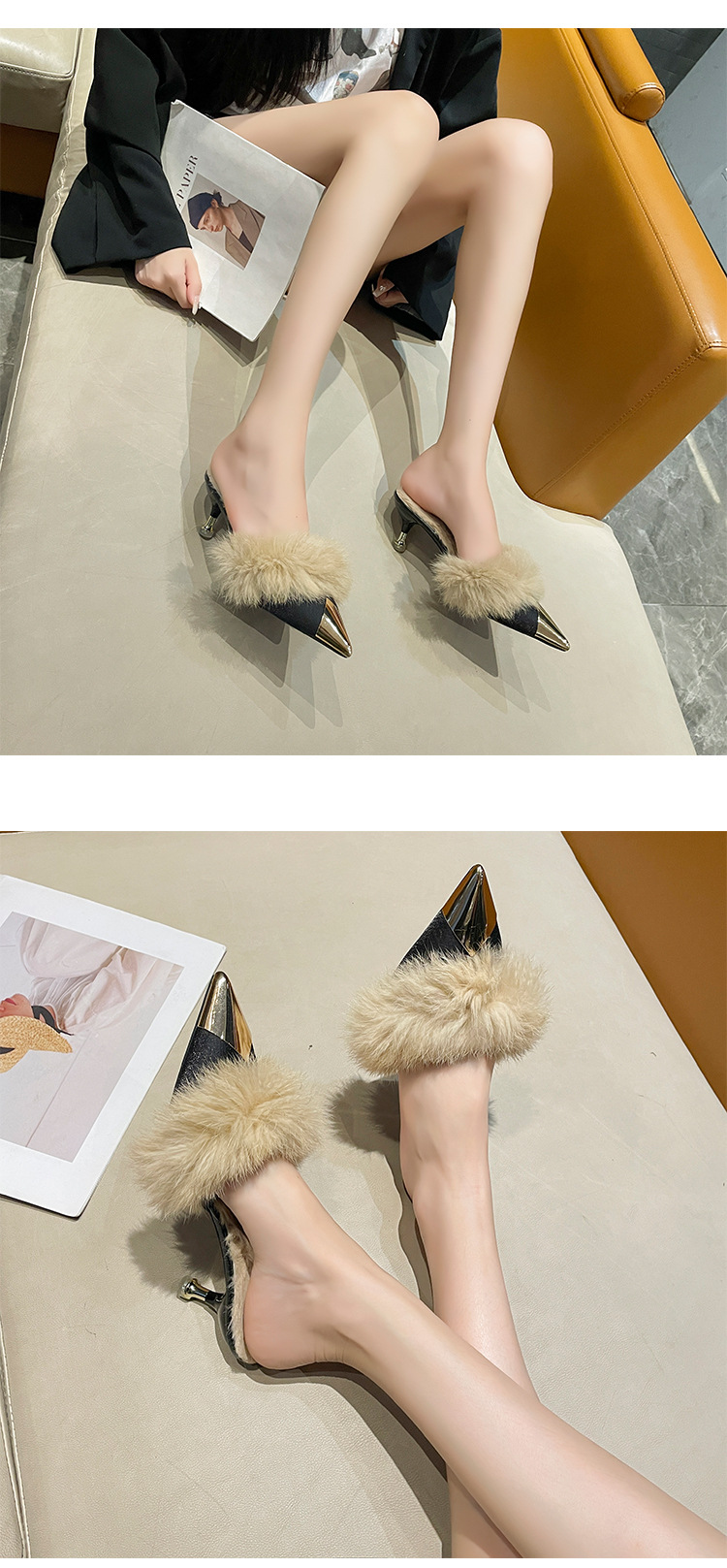 p7Hongkai furry high-heeled stiletto for outer wear 2023 autumn and winter new French pointed toe half slippers women's_voghion.com