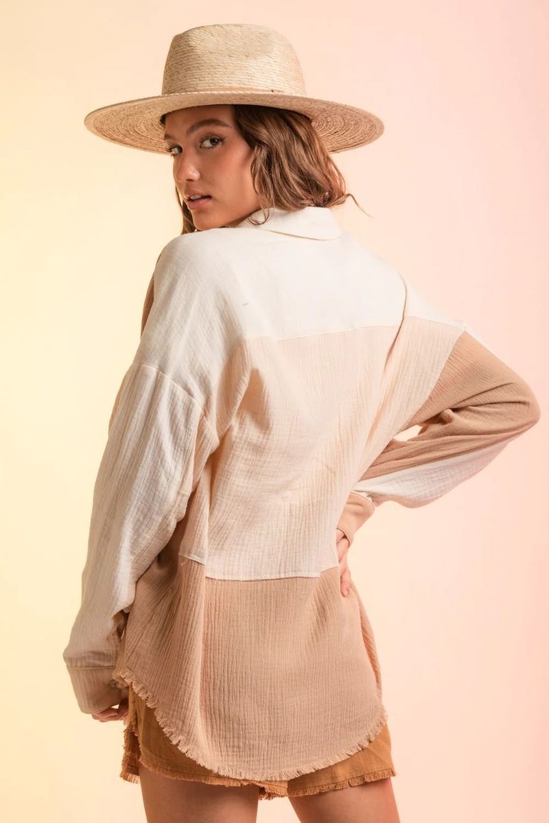 Abbigliamento donna moda bavero tasca caramella colore camicia top_voghion.com