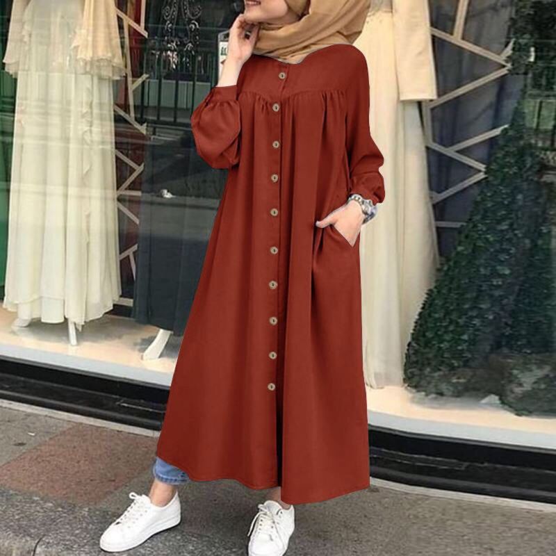 Women's clothing Muslim new solid color long sleeved shirt dress casual pocket robe_voghion.com