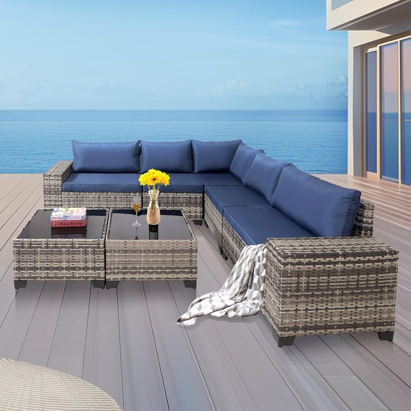 7-Piece Outdoor Patio Furniture Sets, All-Weather Wicker Rattan Sectional Sofa, Modern Two Glass Coffee Table And Washable Seat Cushion(Grey Blue)_voghion.com