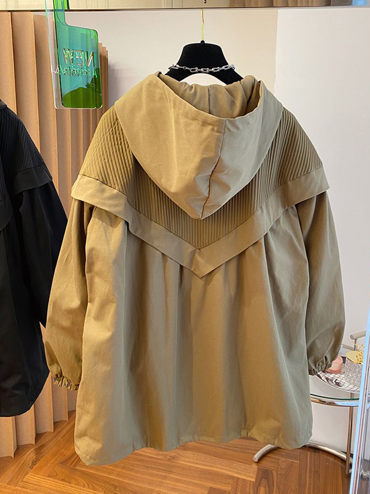 2023 herbst Frau Patchwork Übergroßen Mantel Mit Kapuze Mode Koreanische Streetwear Casual Khaki Schwarz frauen Windjacke Mantel_voghion.com
