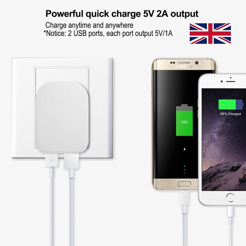 UK Netz 3 Pin Stecker Adapter Wand Ladegerät Mit 2 USB Ports Für Telefone Tablets CE_voghion.com