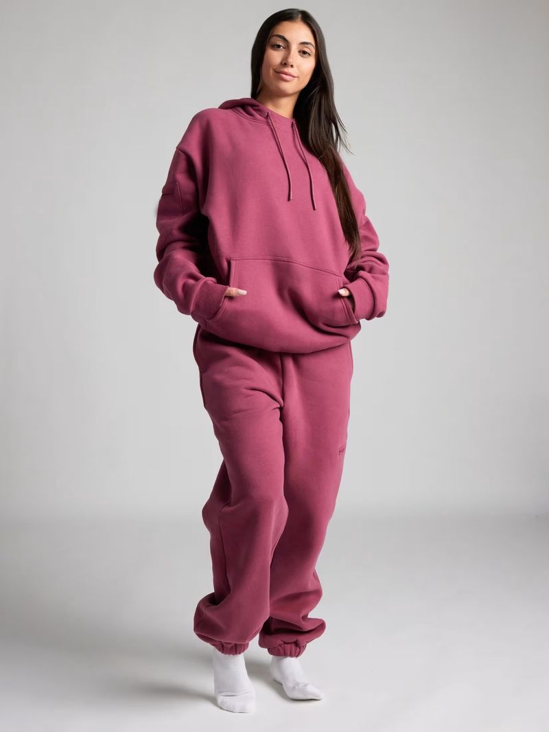 Damenbekleidung: Kapuzenpullover und Jogginghose-Set – einfarbiges Herbst-Winter-Loungewear-Zweiteiler-Outfit mit Schlafmaske_voghion.com
