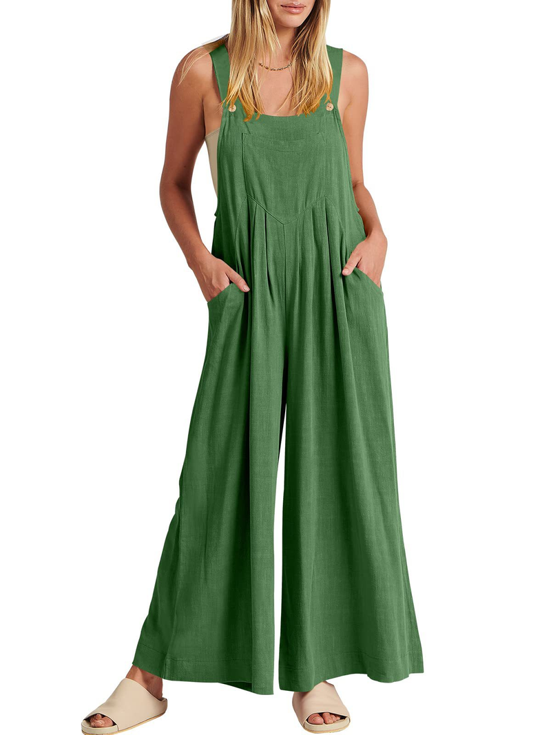 Women's clothing solid color loose casual cotton and linen overalls jumpsuit_voghion.com