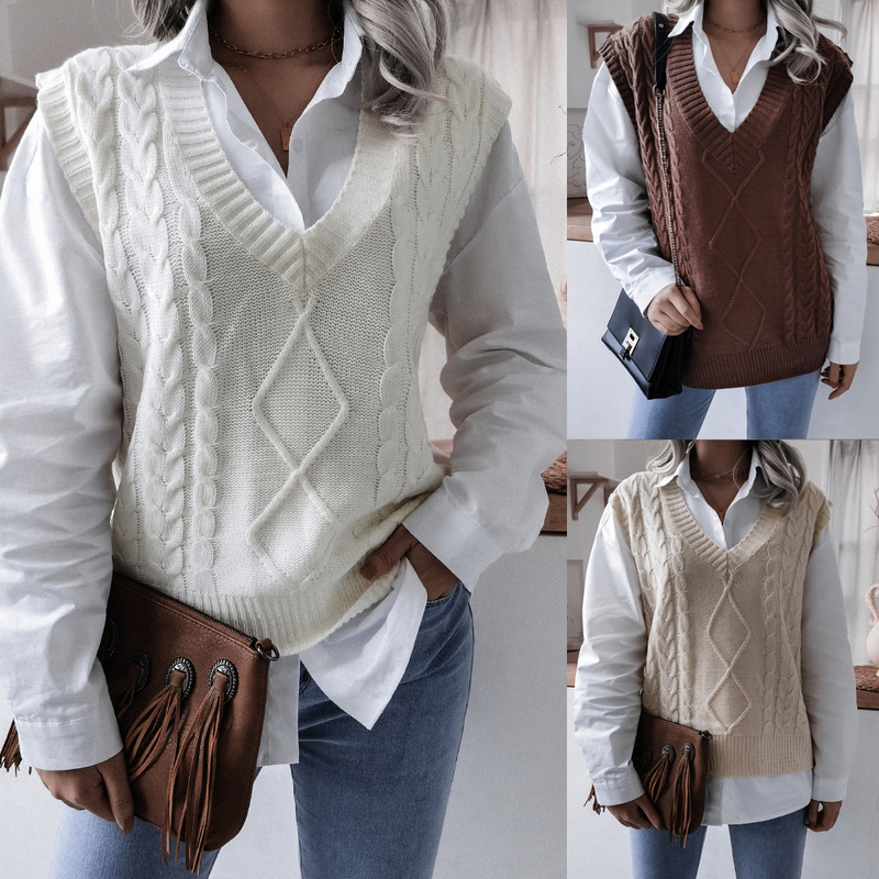 Damenbekleidung Herbst und Winter V-Ausschnitt Twist lässig lose Strickweste Pullover Weste Damenbekleidung_voghion.com