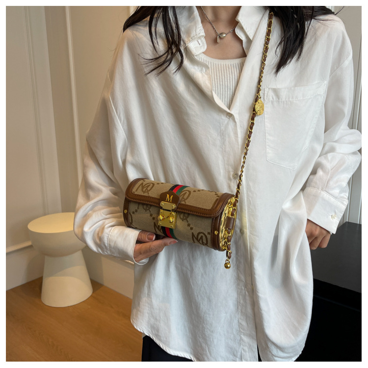Advanced Women's Small Bag French Chain Shoulder Bag Versatile Spliced Leather Crossbody Cylinder Bag_voghion.com