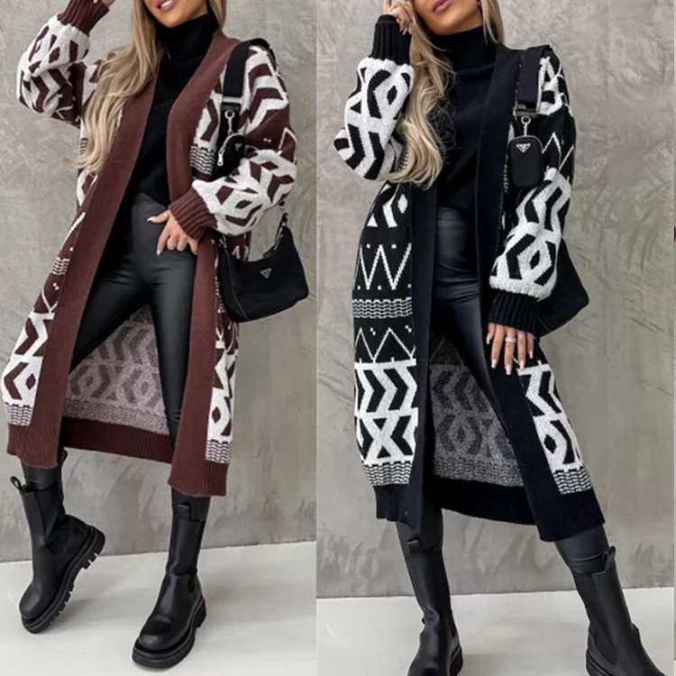 Damen-Strickjacke, mittellanger, lockerer, geometrischer, übergroßer Mantelpullover_voghion.com