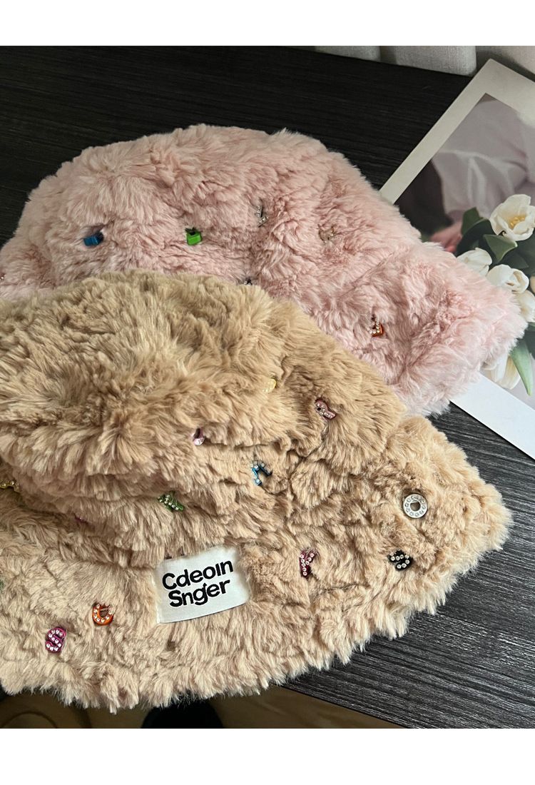 Plush Handmade Letter Diamond Fisherman Hat For Women Autumn And Winter All Match Warm And Cold Proof Fashionable Bucket Basin Hat_voghion.com