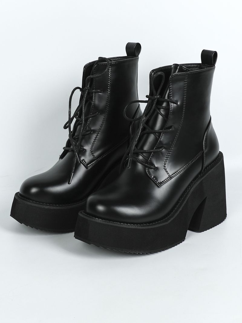 New Martin with Slope Heel, Thick Comfortable and Versatile, Strap up, Sponge Cake Bottom, Black Women's Short Boots_voghion.com