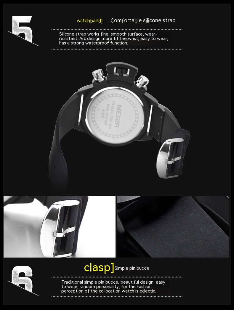 Nyt bedst sælgende ur Megal MEGIR multifunktionelt herreur Sports Silikone Tape Vandtæt kalender Quartz Watch 2002_voghion.com