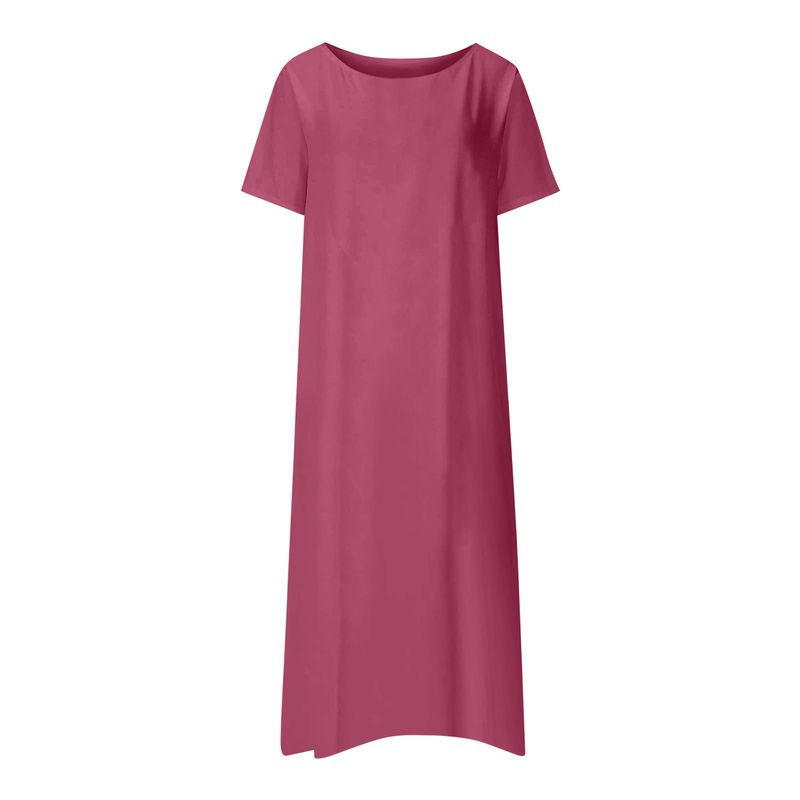 2023 Sommer Neues Langes Damen Casual Solid Kurzarm Rundhalskleid_voghion.com