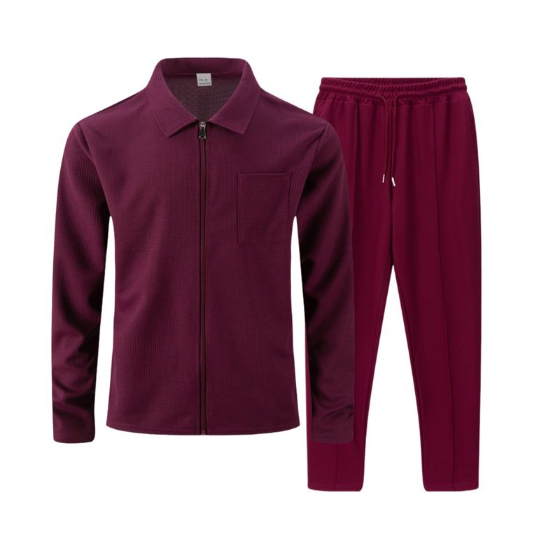 Herren-Waffelstrickjacke mit Reißverschluss, Stehkragen und Taschen – Slim Fit-Freizeitmantel-Set für den Herbst (Schwarz, Grau, Weiß, Khaki, Dunkelgrün, Burgunderrot)_voghion.com