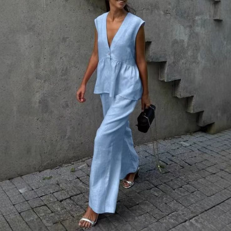 Cotton 2025 New V-Neck Button Sleeveless Top Vest Long Pants Set Solid Color Elegant Commuting Two-Piece_voghion.com