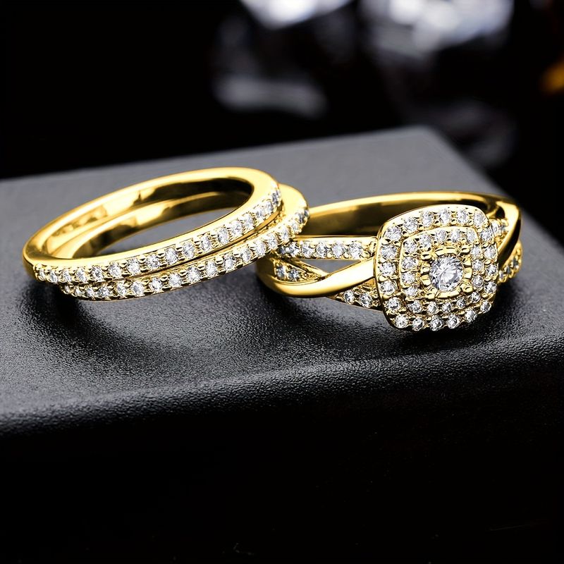 Women's Jewelry Cubic Zirconia Ring Set In Gold Or White Gold Plated Copper, Geometric Design For Engagement, Wedding, Or Everyday Wear, Sizes 5-10_voghion.com