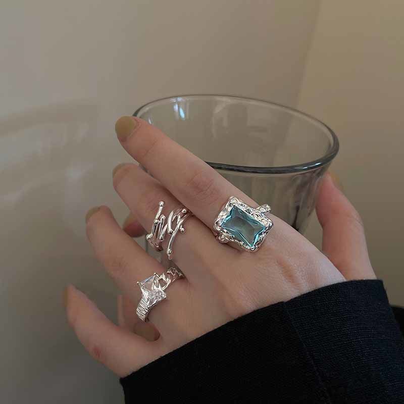 2025 Fashion Style Women's Crystal and Gemstone Ring Set, Retro Fashion Gold Silver Resin Ring, Geometric Design_voghion.com