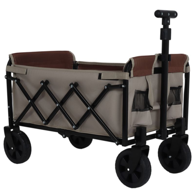 All-in-One Convertible Folding Camping Wagon Cart: Bench Seat, Storage Compartment & Included Dog Tether, Beige/Brown_voghion.com