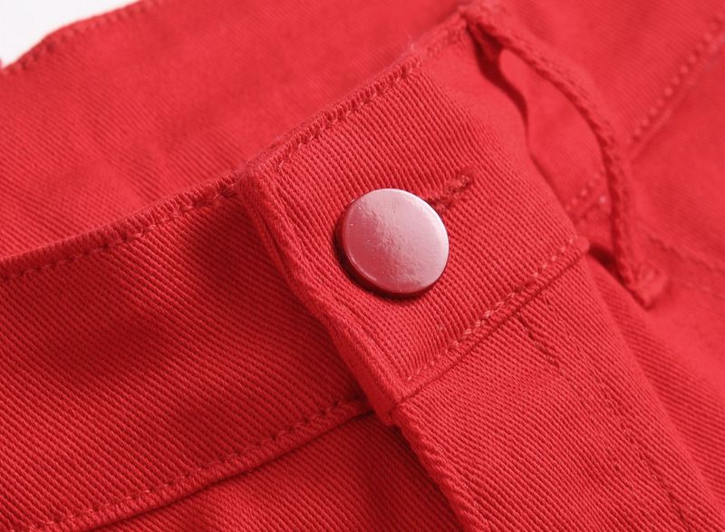 Pantalon droit déchiré taille moyenne élastique pour mère et enfant, jean décontracté en coton rouge taille moyenne_voghion.com