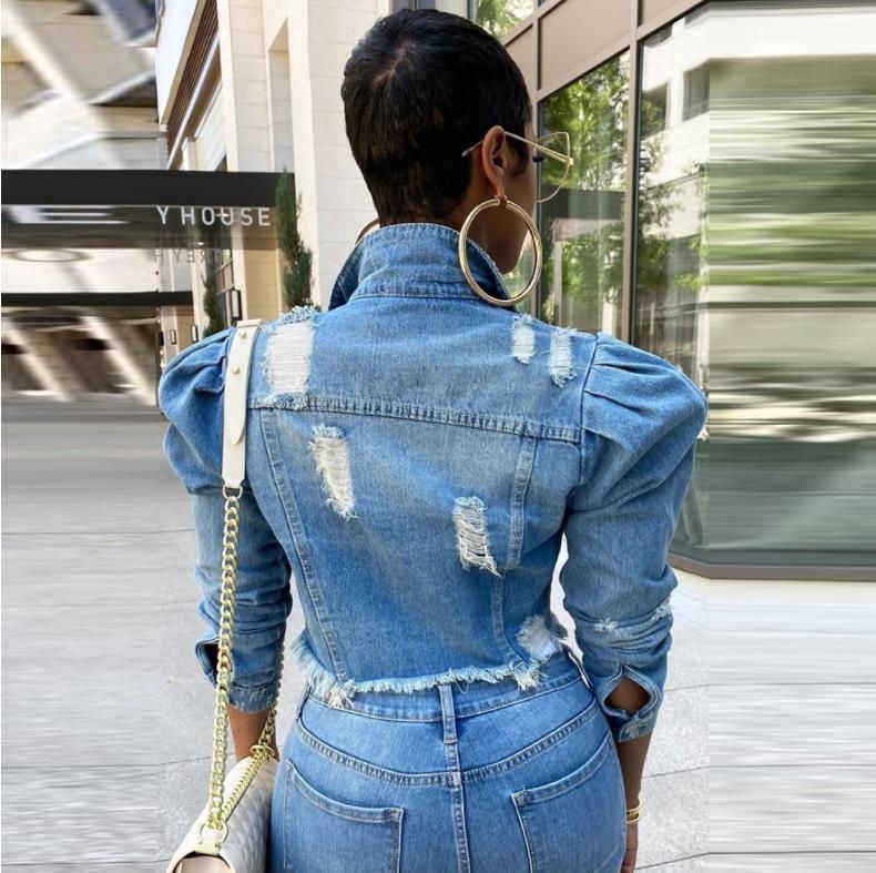 Women's Distressed Denim Jacket – Oversized Washed Cropped Streetwear Top With Raw Hem_voghion.com