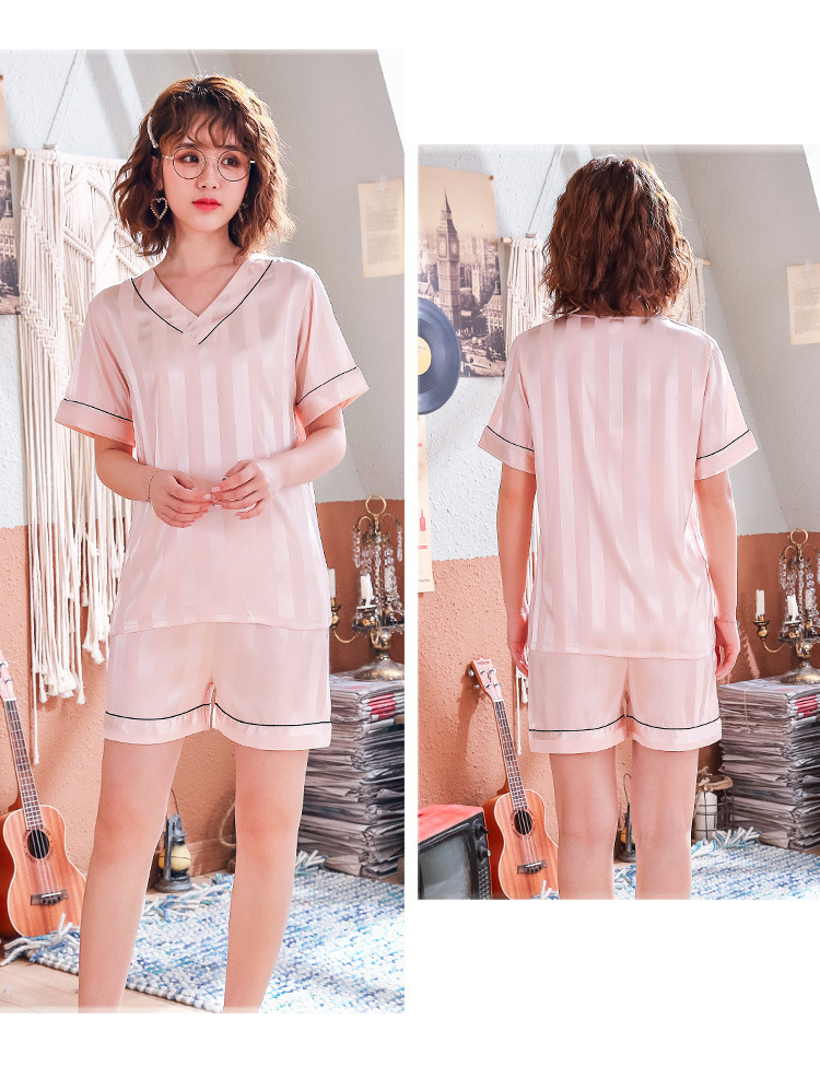 Pár Loungewear Ženy Léto Hedvábí tenký Krátký rukáv Korejský Jacquard Pruhované Ledové Hedvábné Domácí oblečení Pánská dvoudílná sada_voghion.com