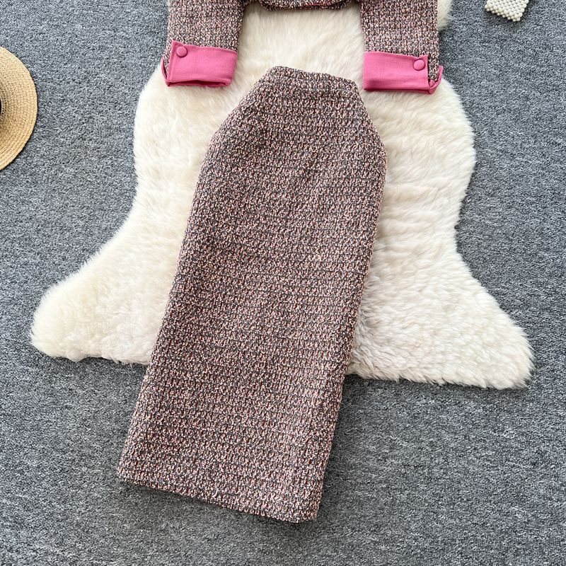 Completo due pezzi chic parigino: giacca in tweed e gonna a tubino (colletto con perline, color block autunnale)_voghion.com