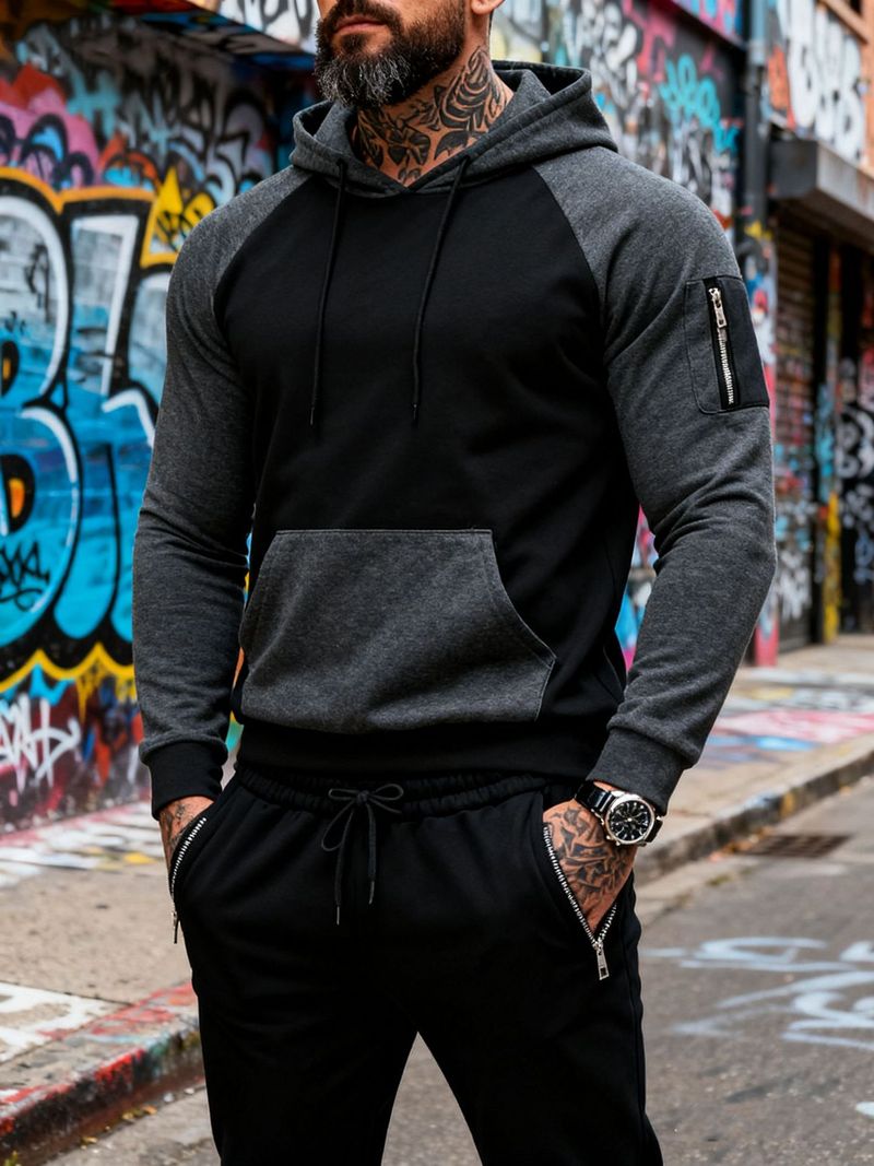 Felpa con cappuccio in pile e jogger in velluto e colori coordinati per uomo - Completo due pezzi a blocchi di colore per sport invernali e abbigliamento casual_voghion.com