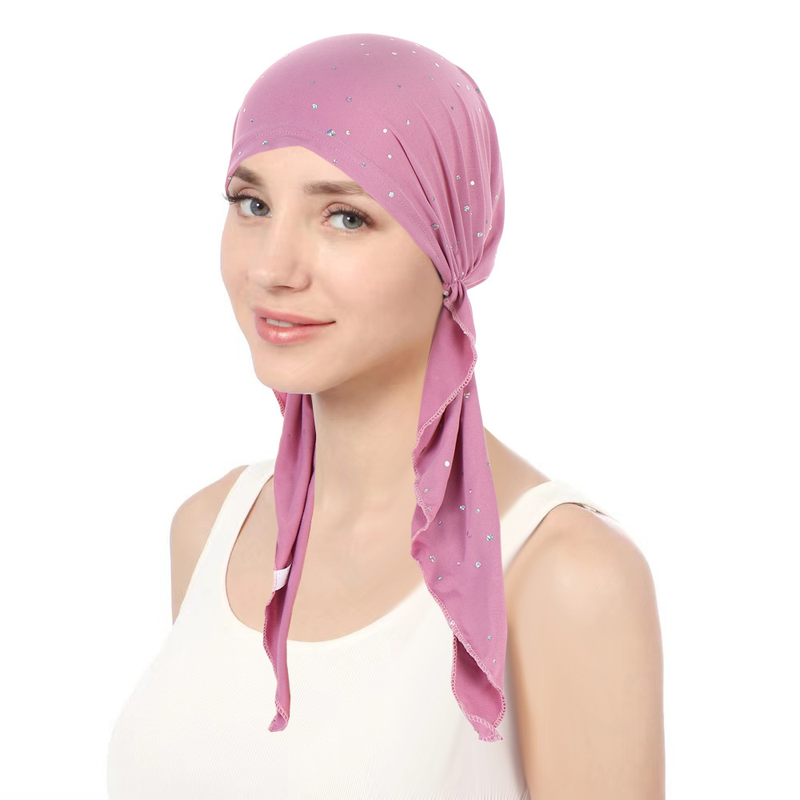 Women's Hats sequin headscarf chemotherapy cap curved solid color cap multi-color strap elastic pullover cap_voghion.com