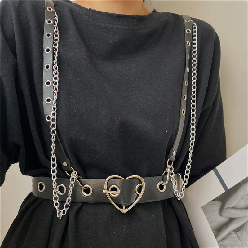 Cintura con fibbia a cuore giocattolo del sesso per corsetto da donna Corsetto in pelle PU Catena in vita Y2k Accessori Gothic Techwear Desi_voghion.com