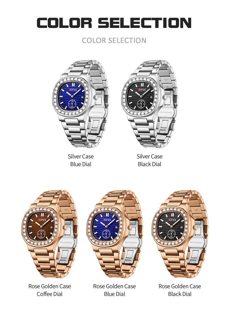 Elegant vierkant dameshorloge met kristallen, datumweergave, lichtgevende wijzers en roestvrijstalen band. Dameshorloge met quartzhorloge en kalender._voghion.com