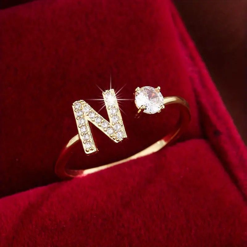 Bague femme mode 26 lettres anglaises micro incrustées de zircons Bague ouverte unie plaquée cuivre 14 carats_voghion.com